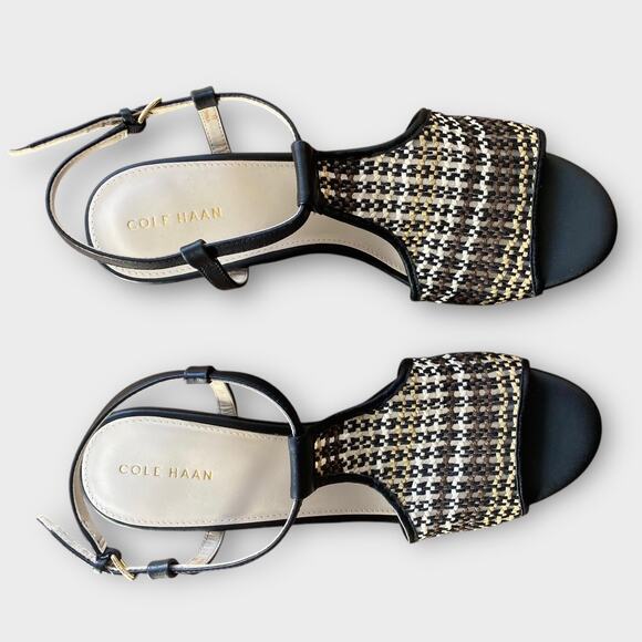 Cole Haan Maddie Open Toe Wedge Sandal US 9 Black Brown Woven Boho Chic Neutral - Picture 5 of 11